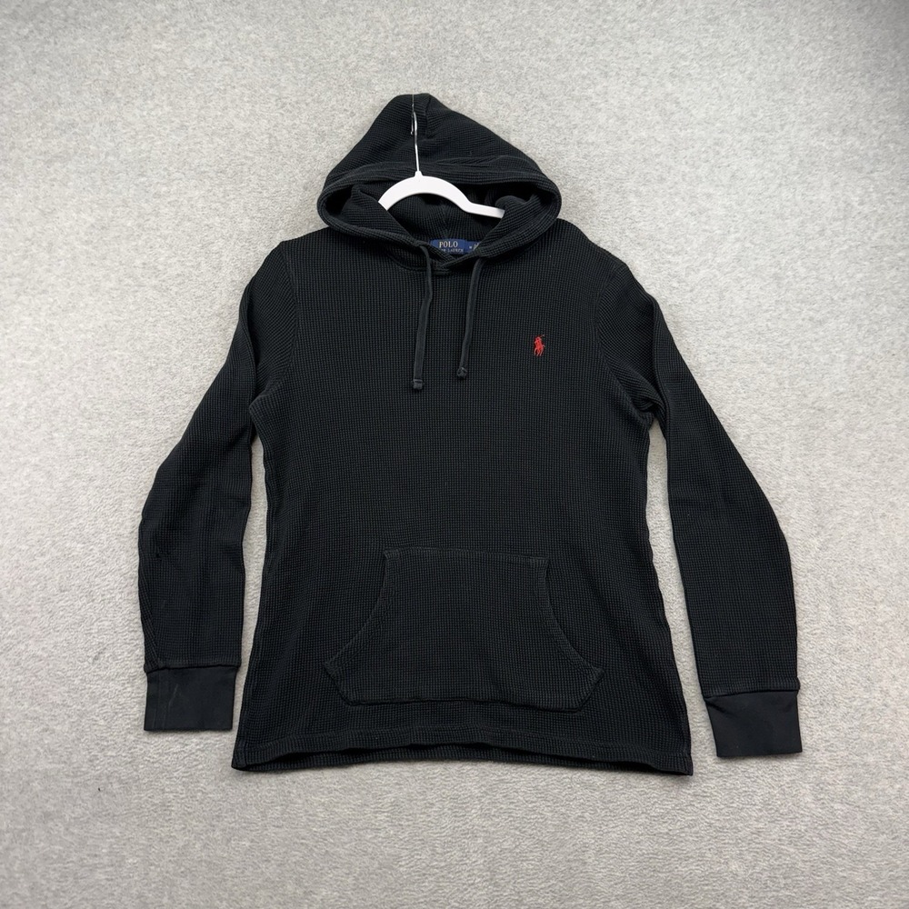 Polo Ralph Lauren Hoodie Mens Medium Black Waffle Knit Thermal Pullover Red Pony
